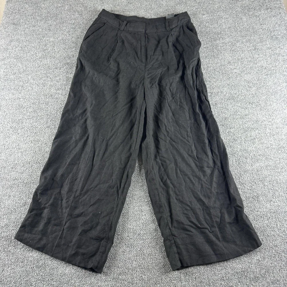 H&M Pants Womens 10 Black Linen Blend Wide Leg Relaxed Dress Office Pockets
